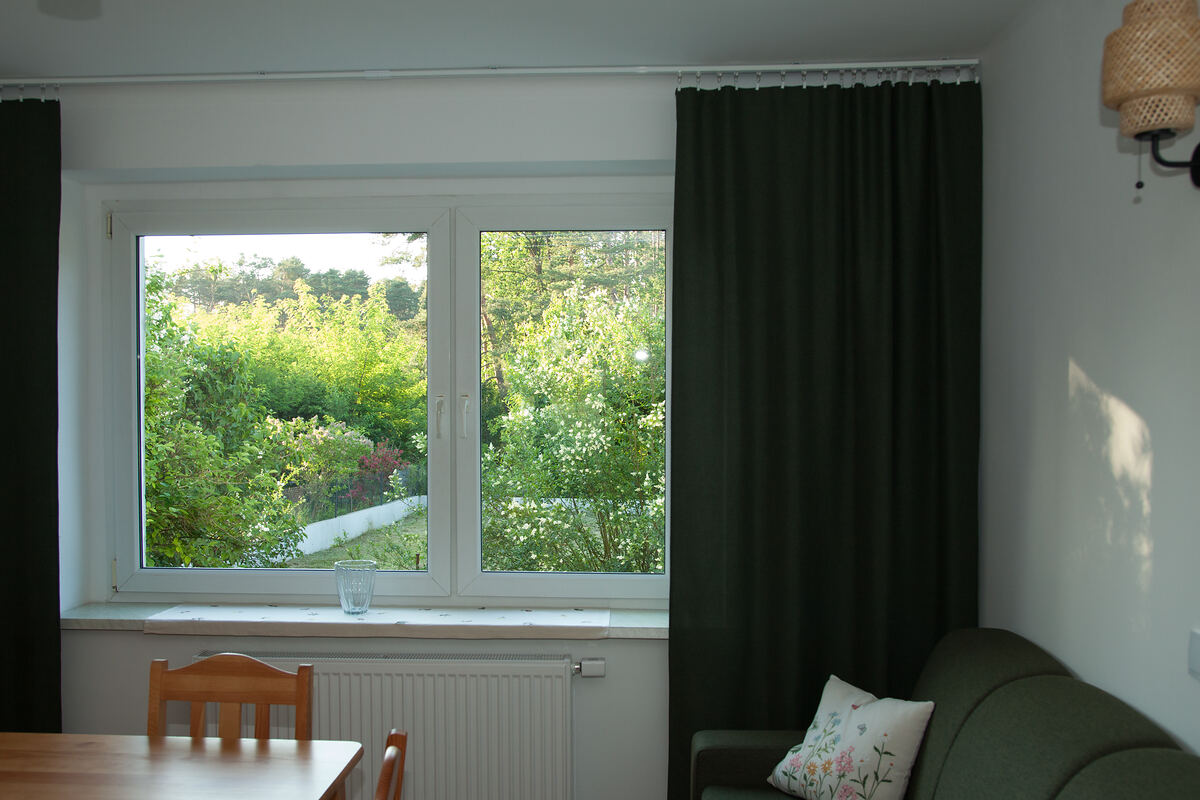 Widok z okna apartamentu na zieleń