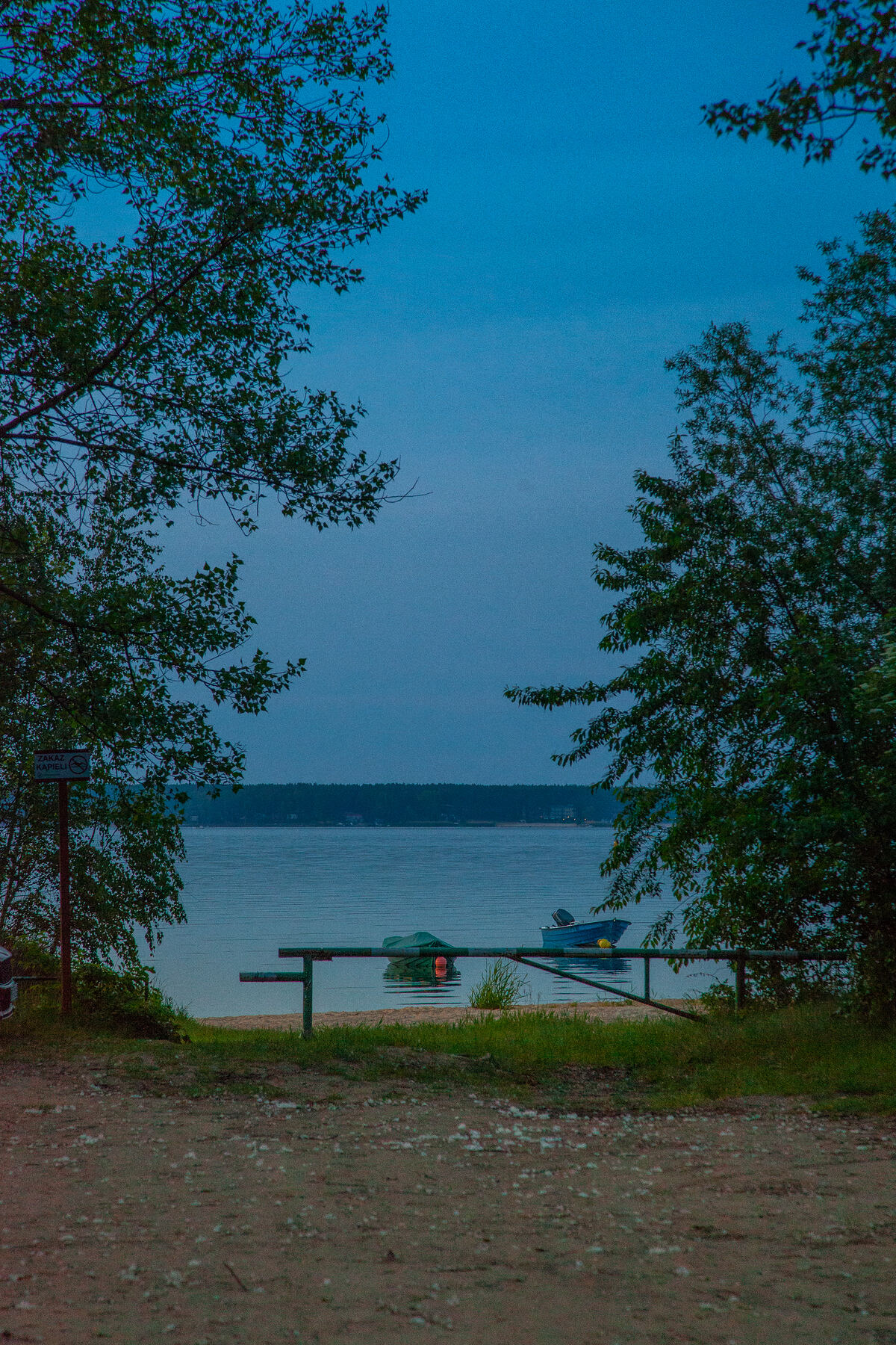 Widok na jezioro spomiędzy drzew